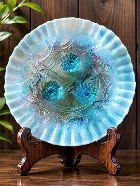 Fenton Vintage Blue Ruffled 3 Legged Footed Fancy Formal Glass Dish Excellent